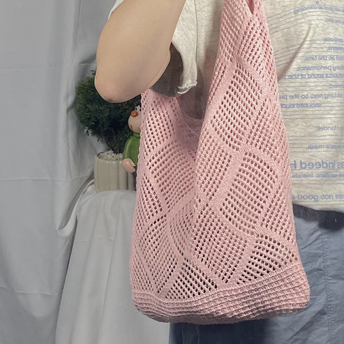 2025 New Style Hollow Knitted Bag for Women, Casual Vacation Woven Shoulder Bag, Large Capacity Beach Tote Bag